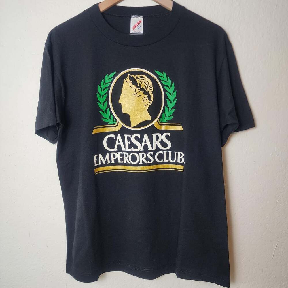 Vintage Caesars Emperors Club Shirt Mens Large Black Casino Graphic Tee 80s
